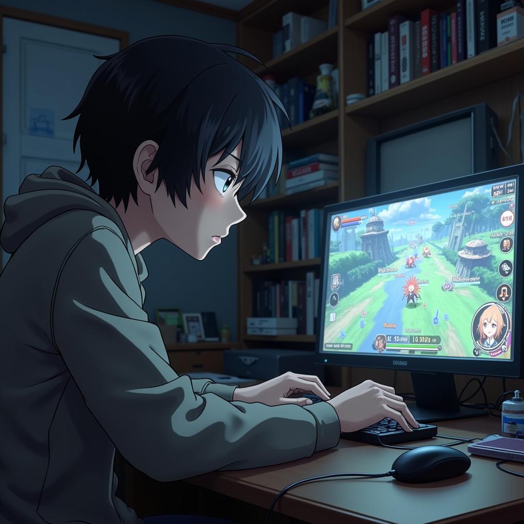 Nhân vật anime hikikomori 30 tuổi đang chơi game