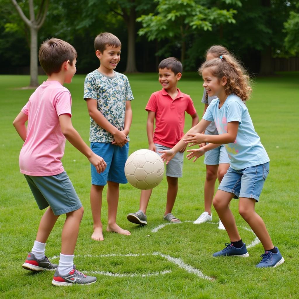 Trẻ em chơi trò chơi chuyển bóng đá ngoài trời