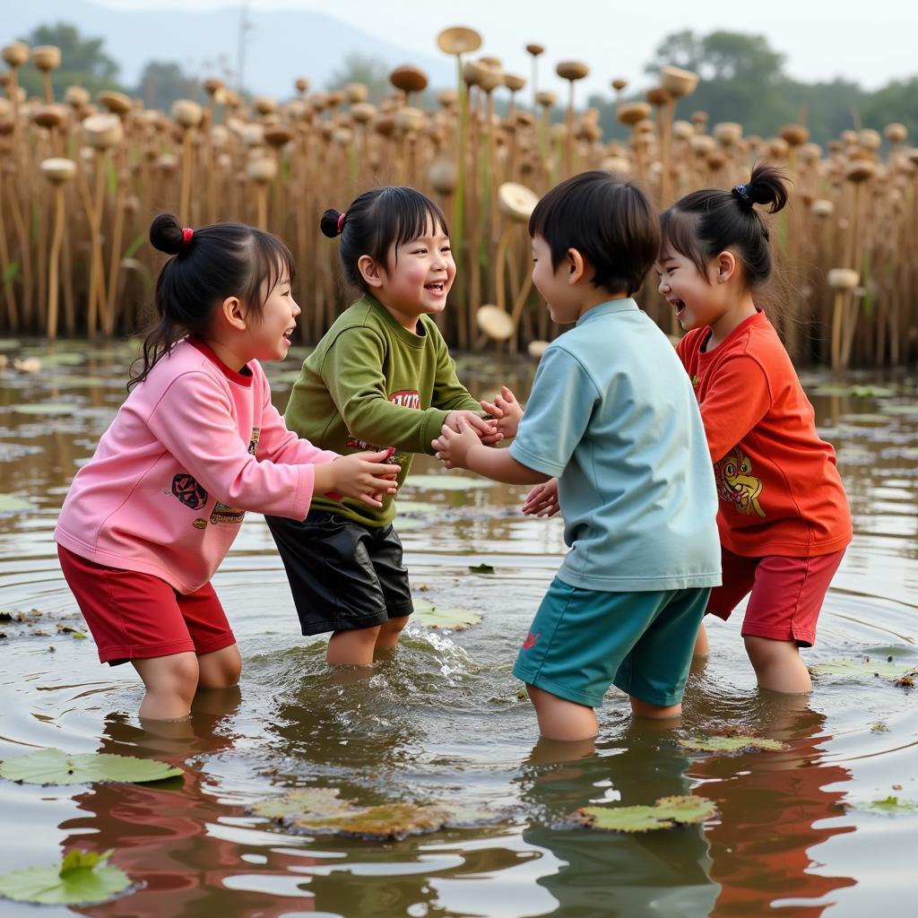 Trẻ em chơi trò chơi dân gian ở đầm sen khô