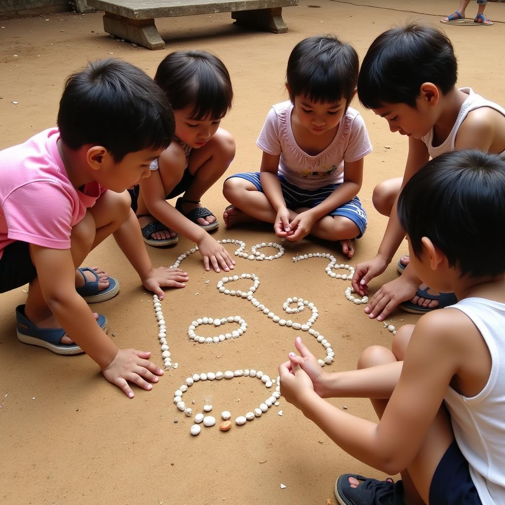 Trẻ em chơi ô ăn quan trên sân đất