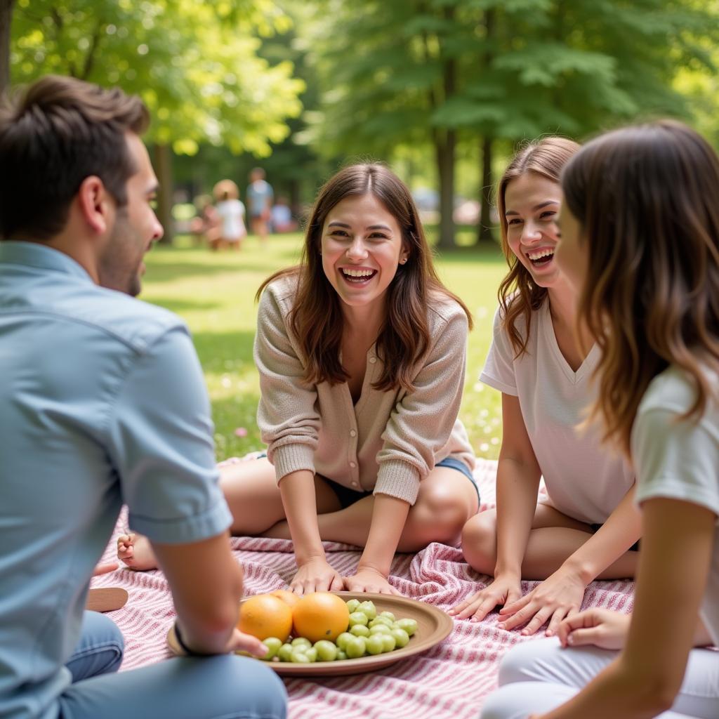 Ba cặp vợ chồng đang chơi trò chơi ngoài trời trong buổi picnic, không khí vui vẻ và sôi nổi.