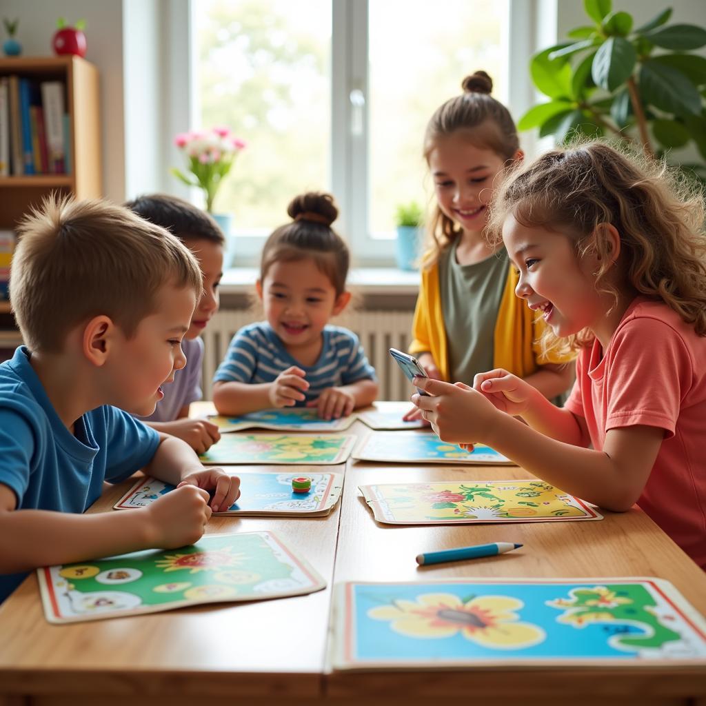 Children happily playing English learning games.