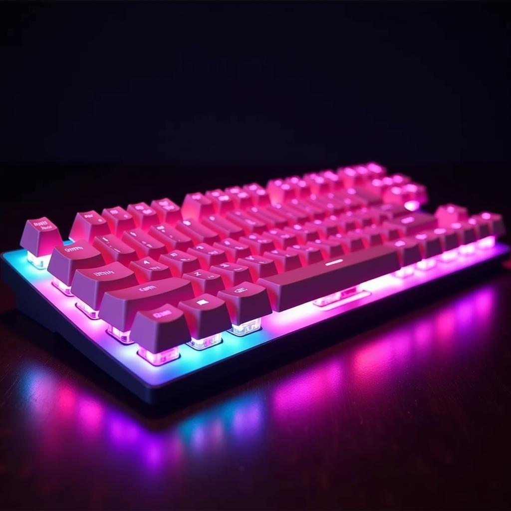 Bàn phím chơi game màu hồng với thiết kế bắt mắt, đèn LED RGB rực rỡ, tạo điểm nhấn cho góc gaming