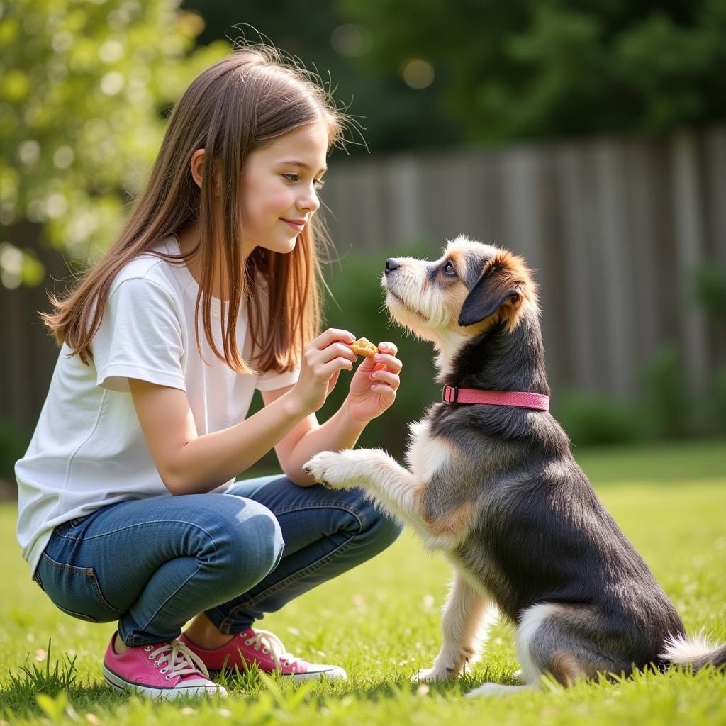 Bé gái đào tạo chó sục