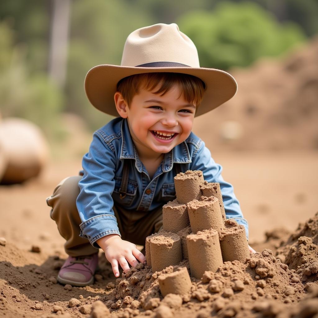 Bé nhỏ tây đang chơi đùa với đất, xây dựng lâu đài cát và cười vui vẻ.