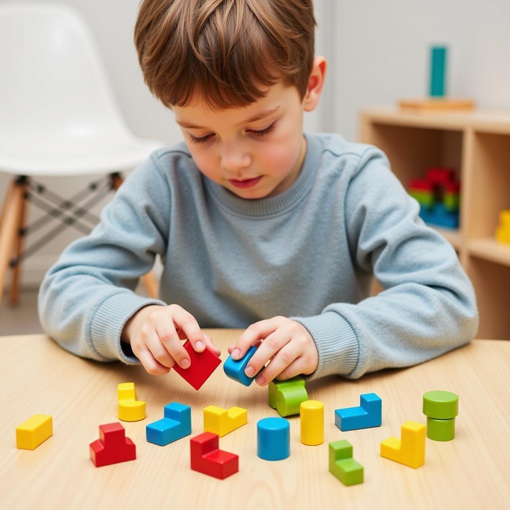 Bé Sơn sắp xếp Grimm's Counting Blocks theo mẫu