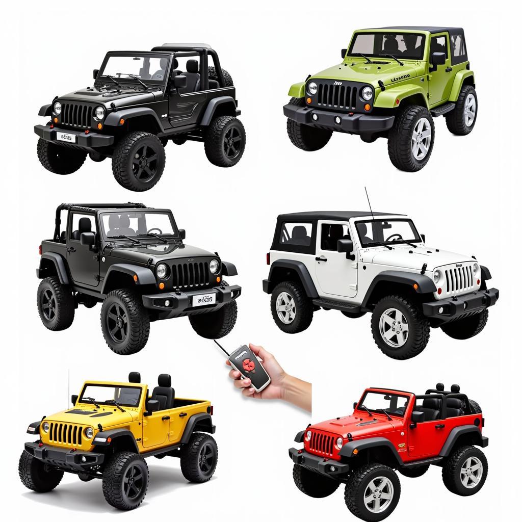 Các loại xe jeep lùn đồ chơi: Hình ảnh tổng hợp các loại xe jeep lùn đồ chơi khác nhau, bao gồm xe chạy điện, xe đẩy chân và xe điều khiển từ xa.