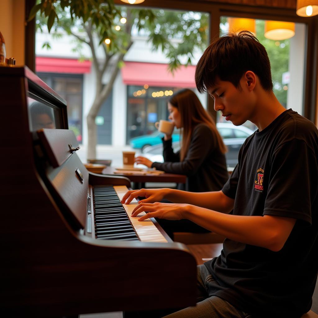 Khách chơi piano tại quán cafe Hà Nội