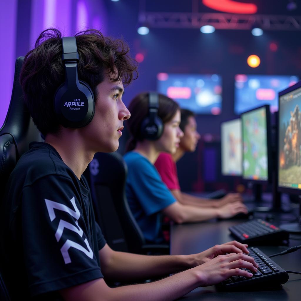 Chiến thuật và tâm lý: Hình ảnh một game thủ đang tập trung cao độ trong một trận đấu eSports, thể hiện sự bình tĩnh và tập trung cần thiết để đưa ra quyết định chiến thuật đúng đắn.