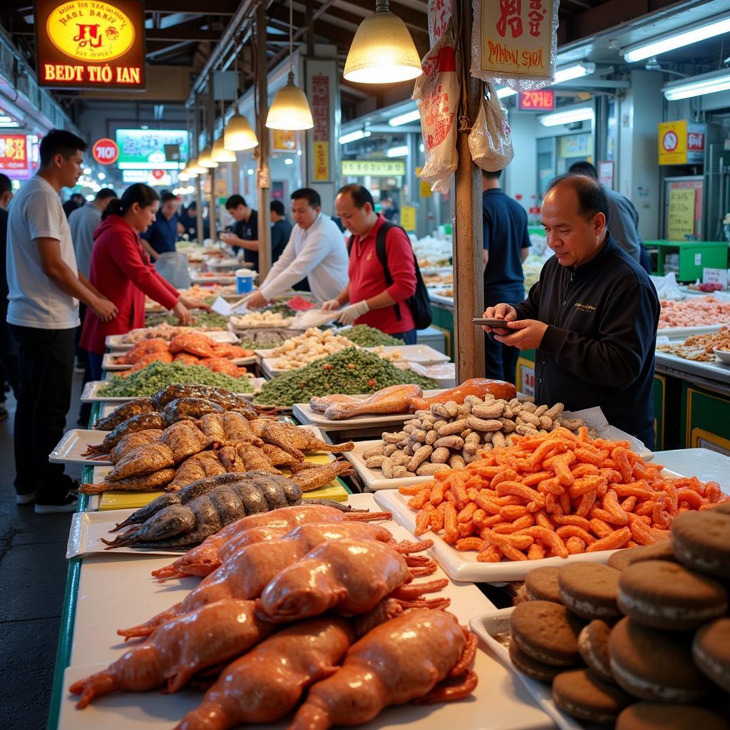 Chợ hải sản Phước Hải nhộn nhịp với đủ loại hải sản tươi sống, thu hút du khách đến mua sắm và thưởng thức.