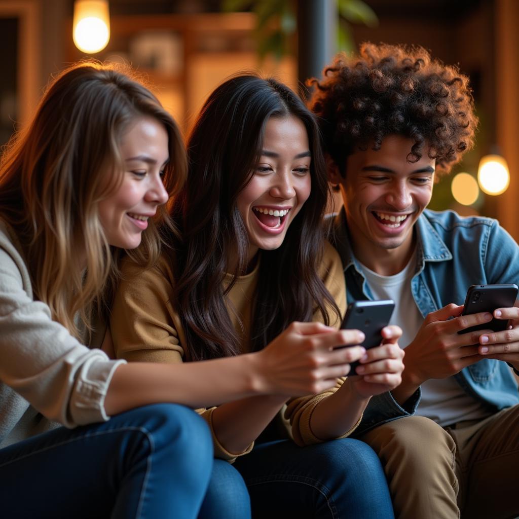 Friends playing mobile games together on their phones