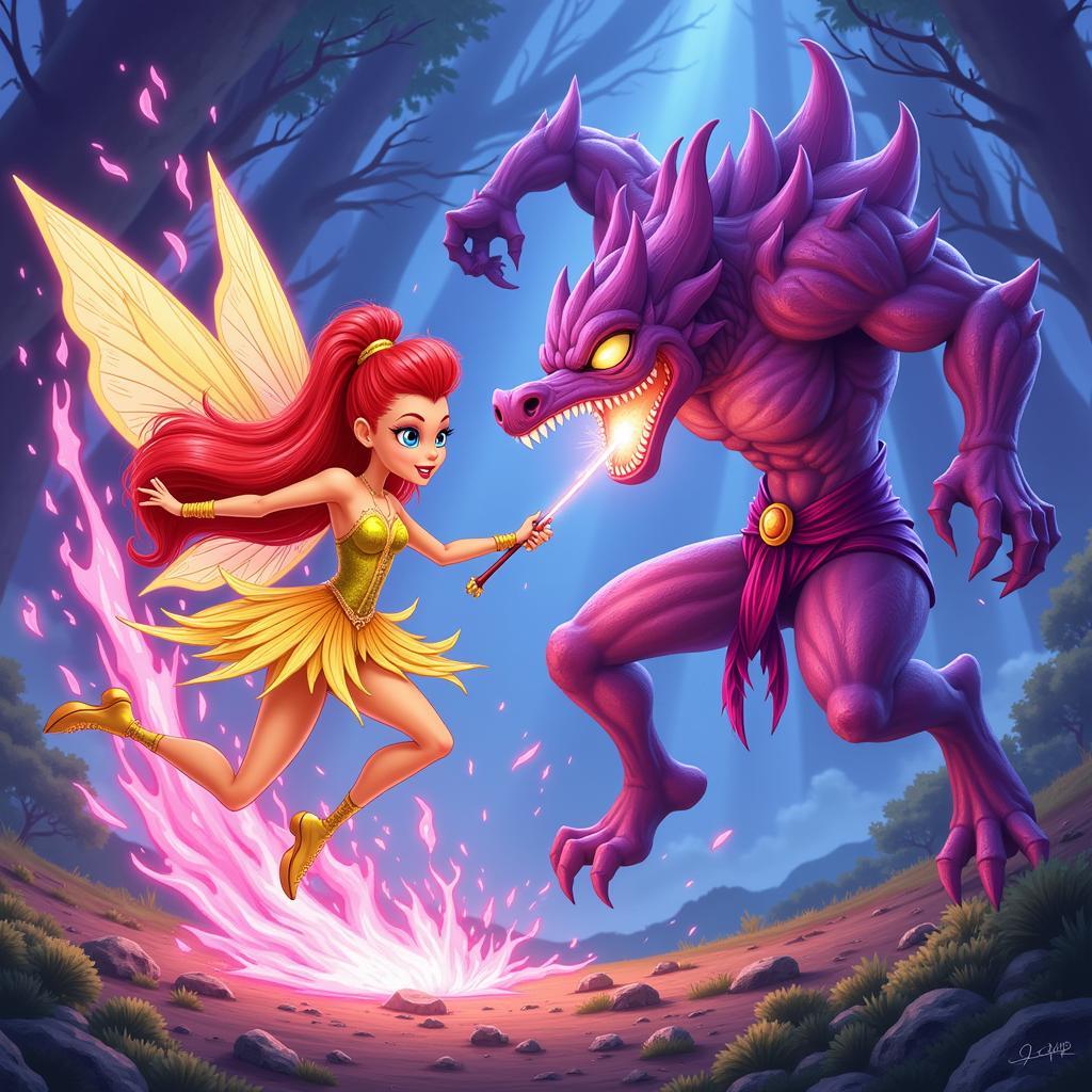 Nàng tiên Bloom đang chiến đấu với quái vật trong game Winx Club.