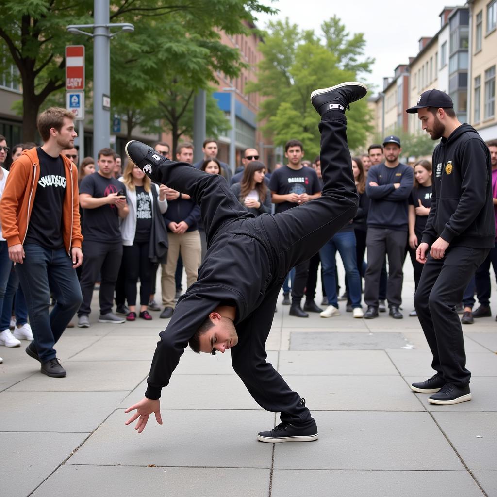 Nhóm dân chơi nhảy đường phố đang biểu diễn những động tác breakdance đẹp mắt, thu hút sự chú ý của mọi người xung quanh.