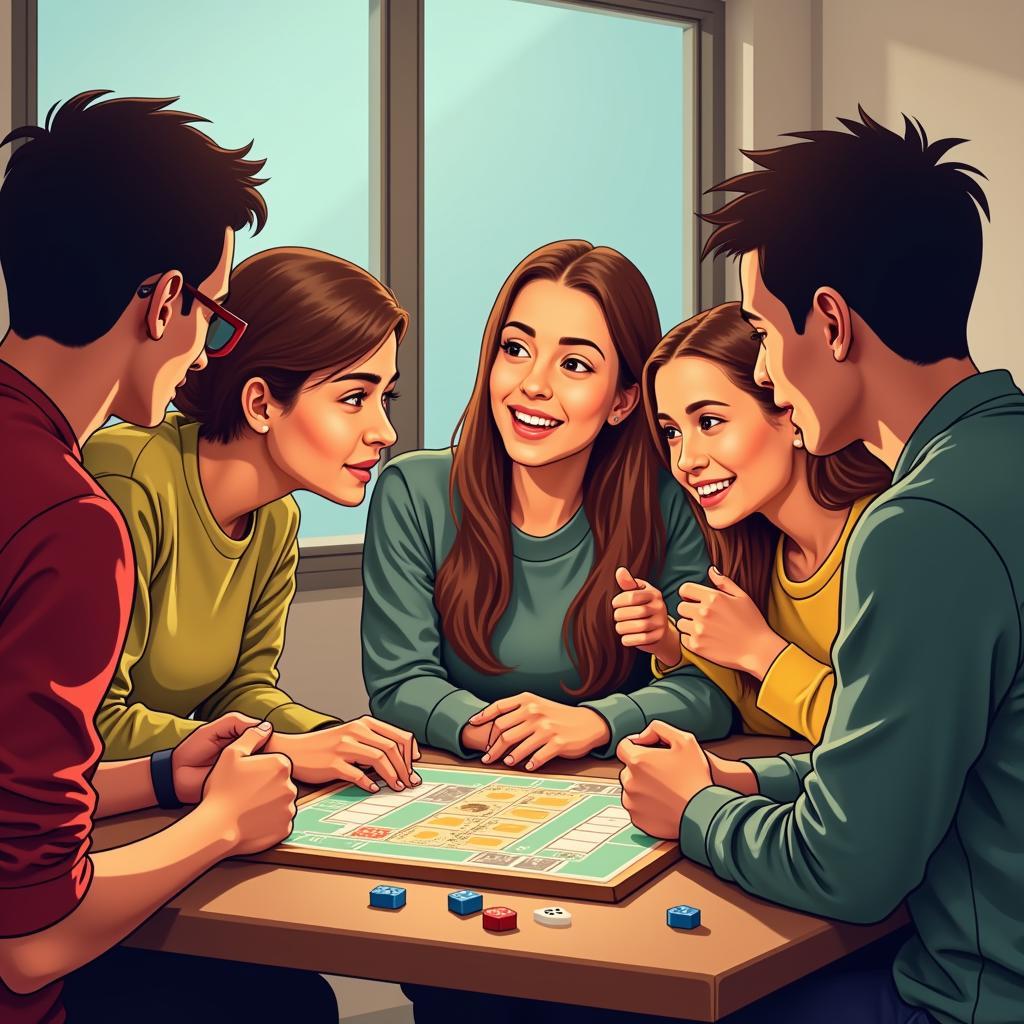 Game hay chơi cùng bạn bè offline: Hình ảnh minh họa nhóm bạn đang chơi board game cùng nhau, thể hiện sự tập trung và vui vẻ.