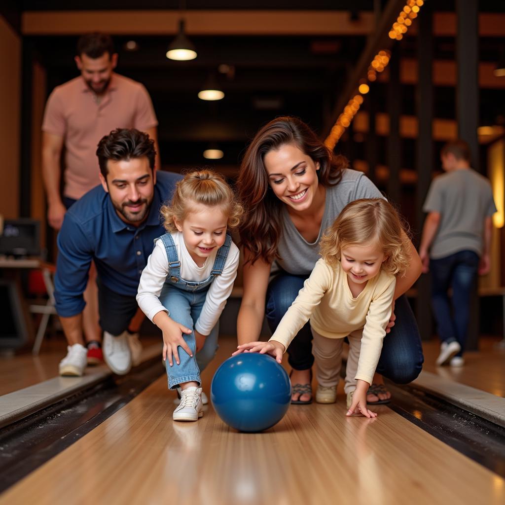 Gia đình vui vẻ chơi bowling cùng nhau