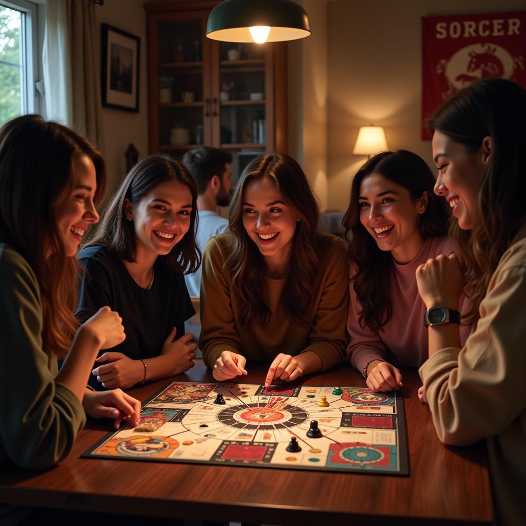 Giải trí lành mạnh chơi với ma: Hình ảnh minh họa một nhóm bạn đang chơi board game kinh dị cùng nhau, với nụ cười trên môi và không khí vui vẻ, thoải mái.