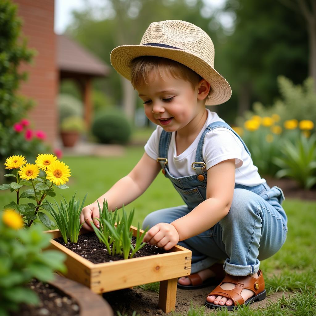 Bé đang chăm sóc khu vườn nhỏ của mình với bộ đồ chơi làm vườn.