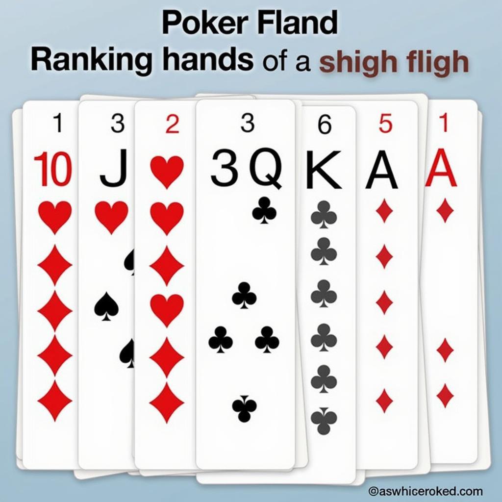 Luật chơi poker cơ bản: Hình ảnh minh họa các hand bài mạnh trong poker như Thùng phá sảnh, Tứ quý, Cù lũ...