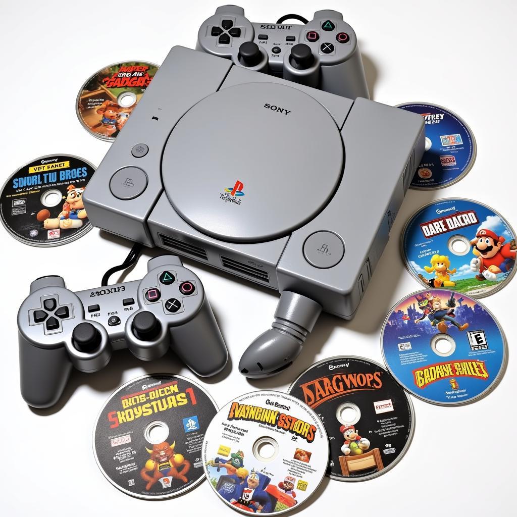 Máy chơi game retro Sony Playstation 1 với tay cầm và đĩa game.