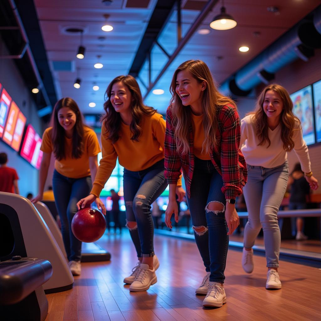 Nhóm bạn trẻ đang chơi bowling tại trung tâm giải trí