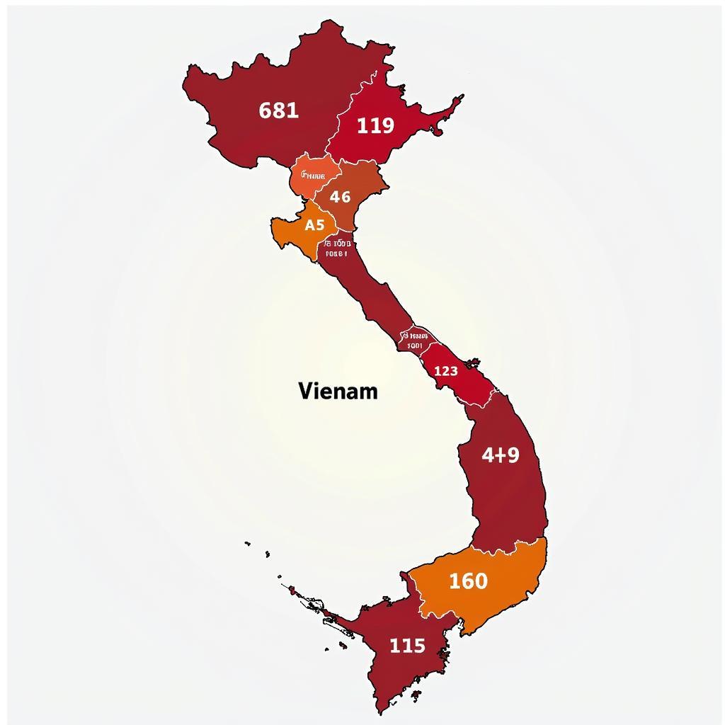 Bản đồ Việt Nam với các vùng miền được đánh dấu và các con số phổ biến ở từng vùng