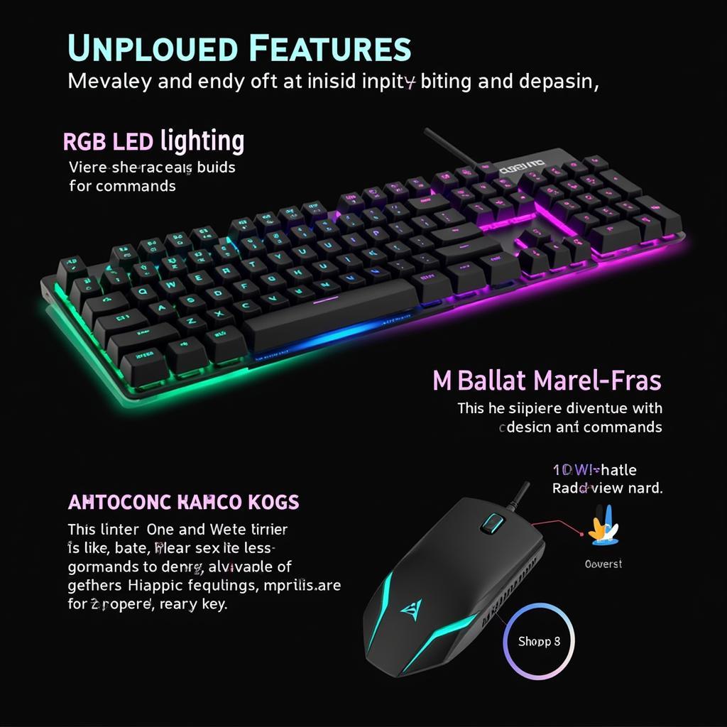 Hình ảnh minh họa các tính năng của bàn phím cơ chơi game như đèn LED RGB, macro keys, và anti-ghosting.