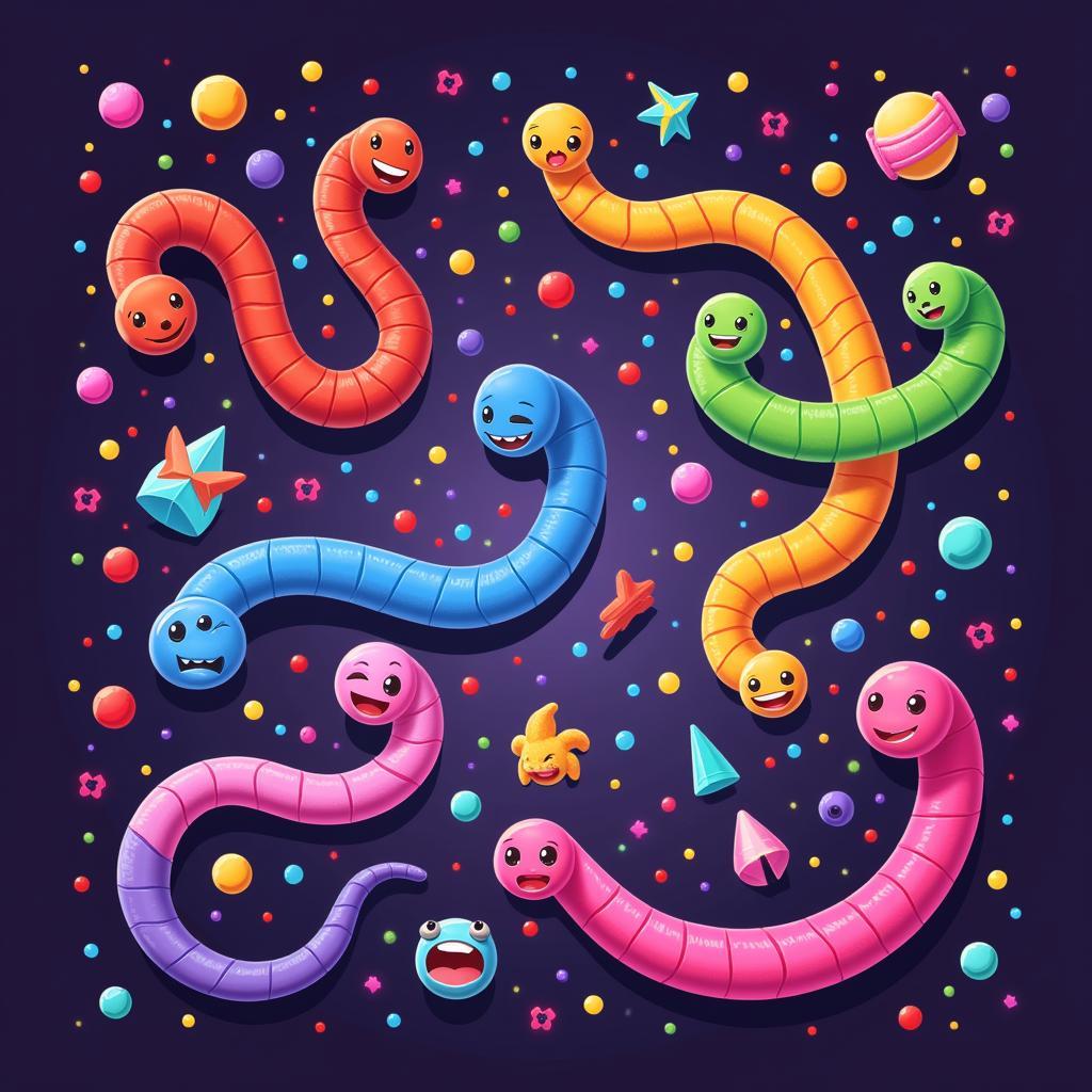 Trò chơi giun Slither.io với nhiều màu sắc rực rỡ và những con giun khổng lồ.