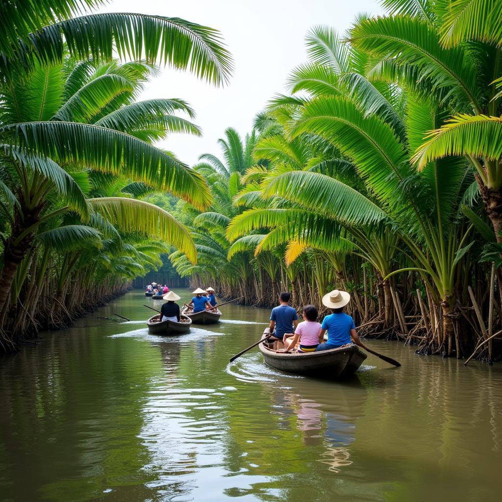 Vườn dừa Bến Tre xanh mát, du khách tham quan bằng xuồng ba lá.